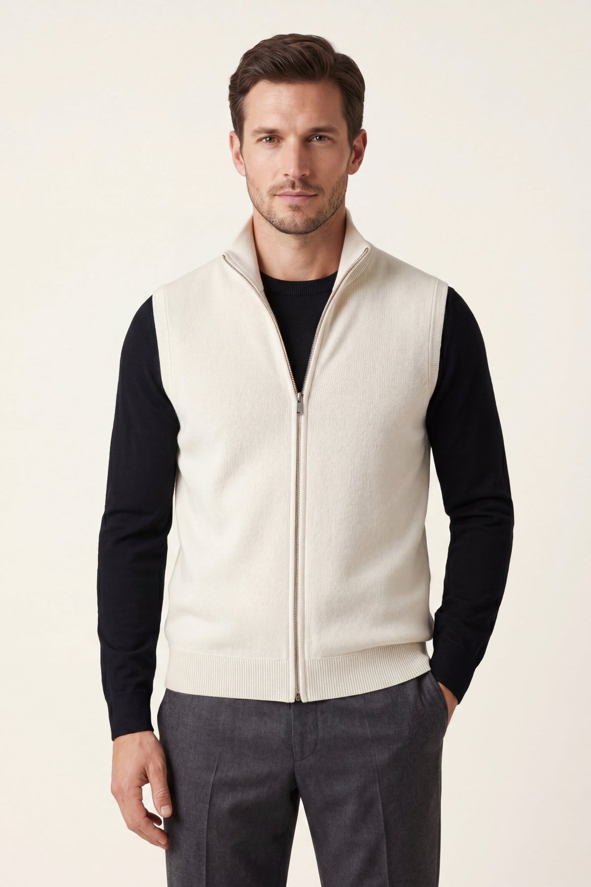 Biella Merino Zip Vest Ivory