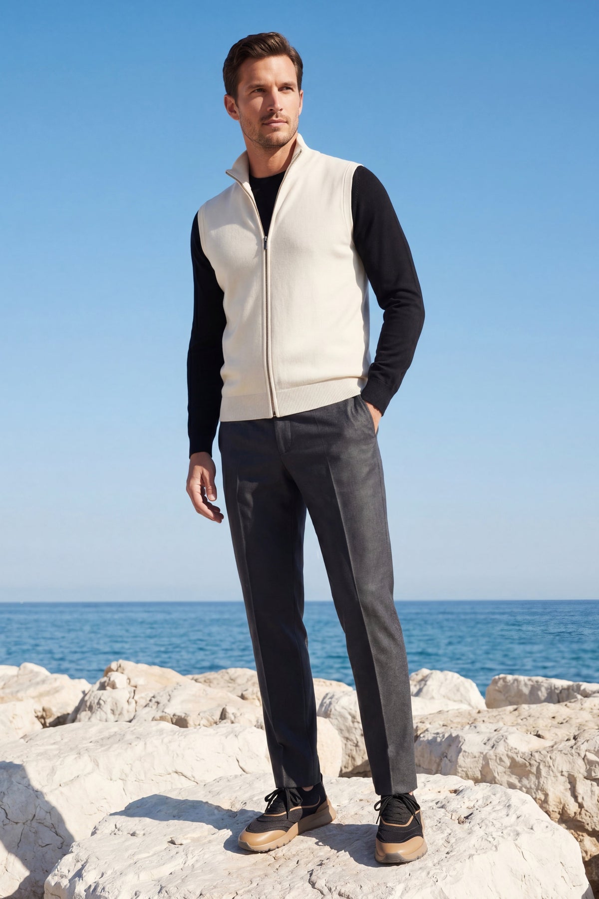 Biella Merino Zip Vest Ivory
