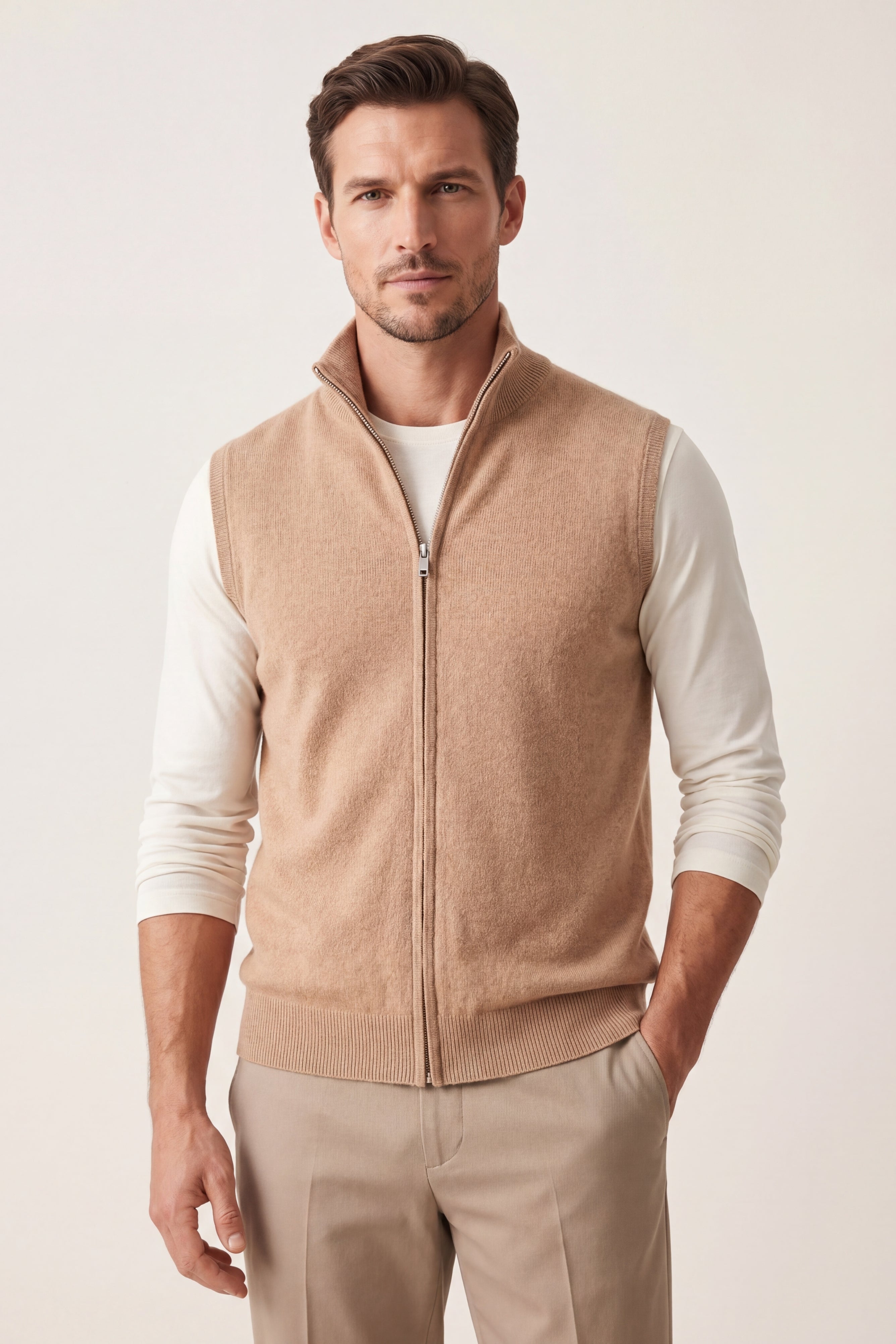 Biella Merino Zip Vest Camel