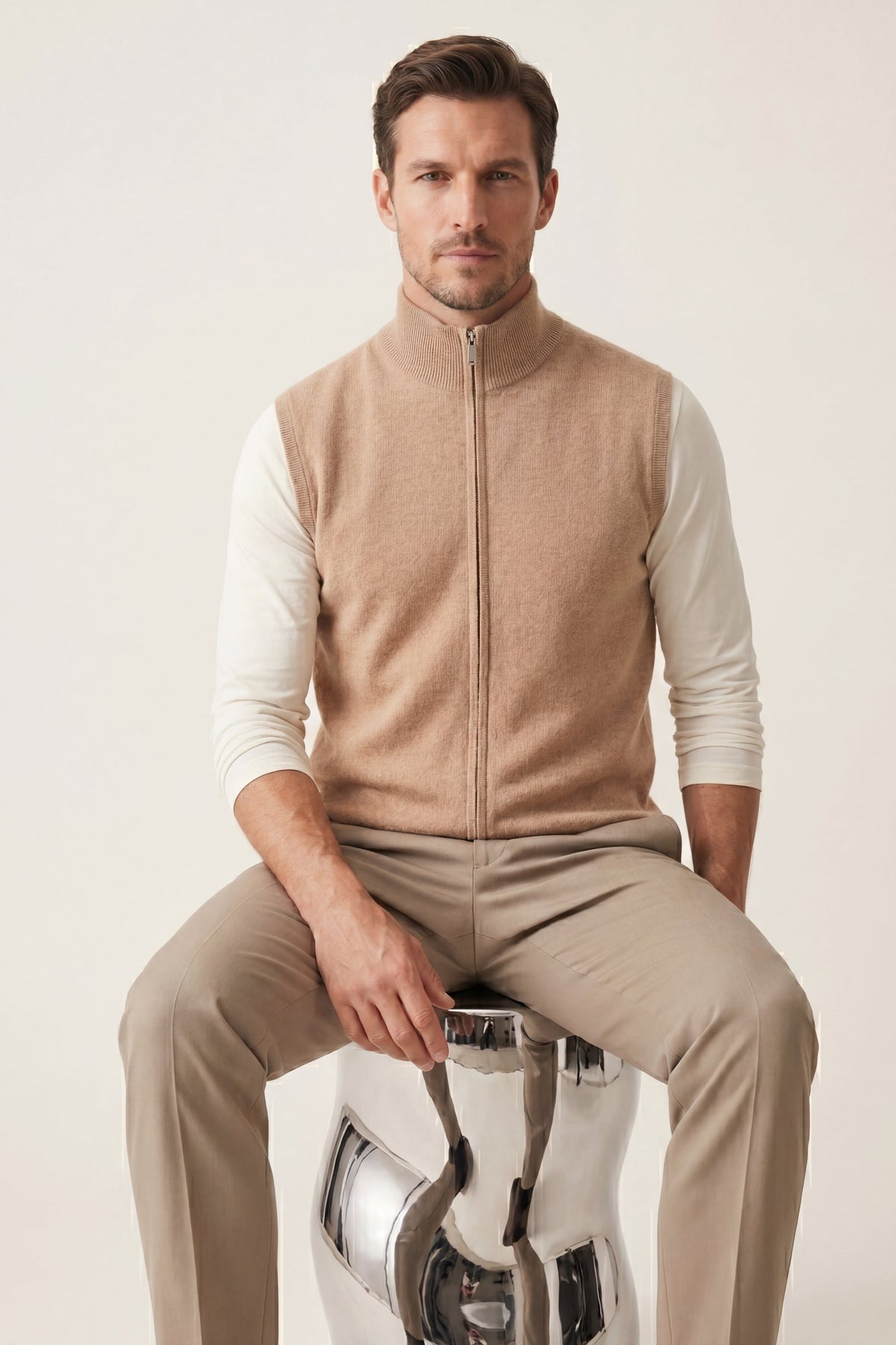 Biella Merino Zip Vest Camel