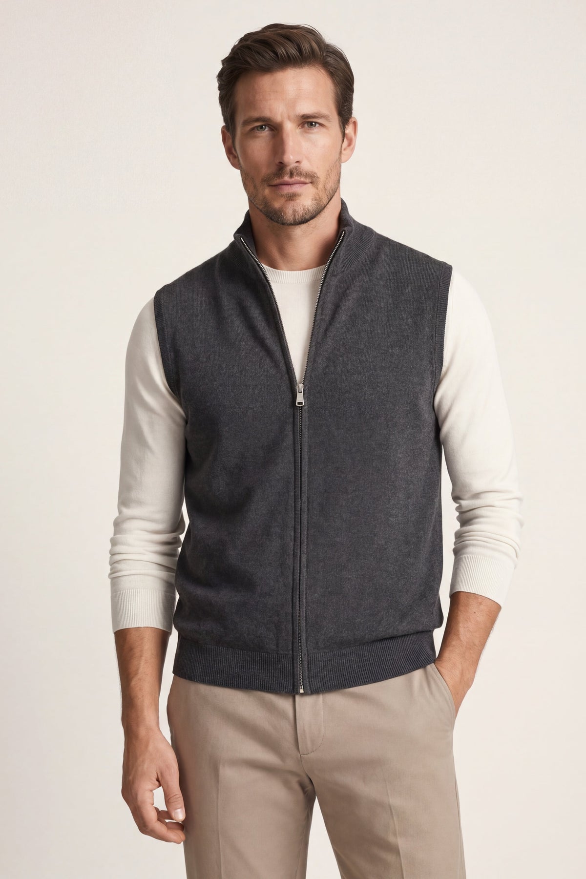 Biella Merino Zip Vest Dark Grey