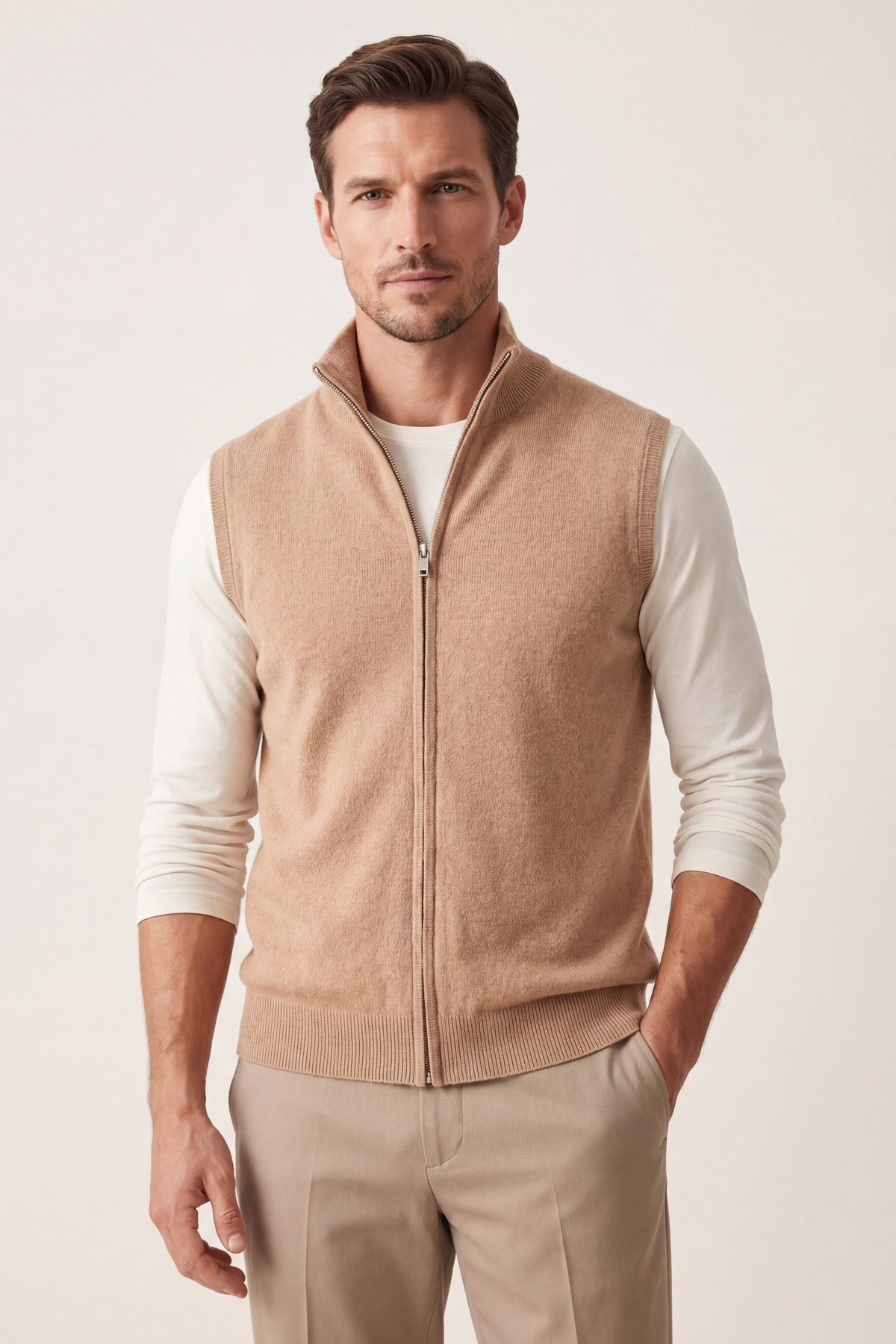 Biella Merino Zip Vest Camel
